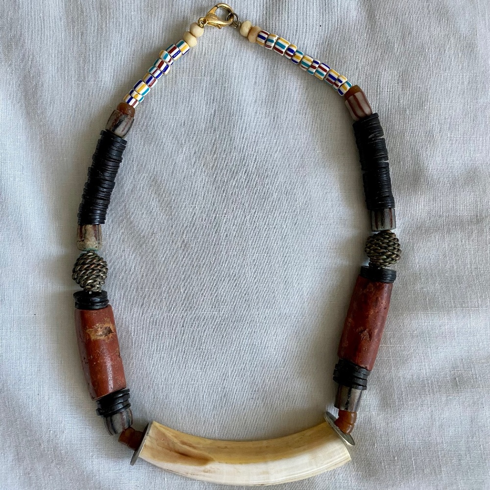 African Necklace with Ivory, Bull Horn, Wood, Coins and Beads